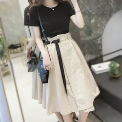 Summer New Fashion Ladies Suits Women High Street Round Neck Short Sleeve Slim T-Shirts Solid Color Korean Style A-line Skirt