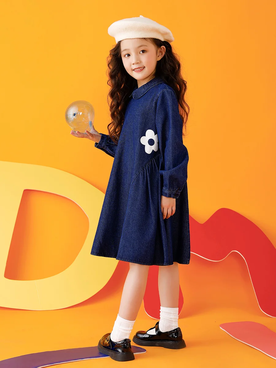 Baby Girls Dresses Full Sleeve Denim 87.5% Cotton 2022 Autumn Fashion Deep Blue White Flower Printed Cute Kids Clothing 150cm