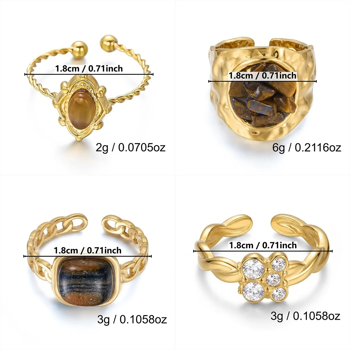 Edelstahl Natürlicher Tigerauge-Stein Wassertropfen-Hammer-Ring Breiter Ring für Damen und Herren Französischer Vintage Geometrischer Blumenring Schmuck – Detail 4