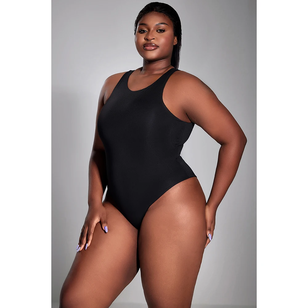 Plus Size Daily Bodysuit Black Tight Sleeveless Top Double Layer Vest Bodysuit