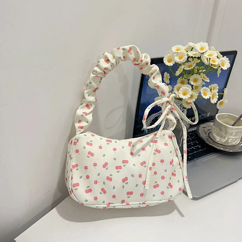 

Butterfly Strawberry Cherry Print Underarm Bag Women Sweet Cute Handbag Drawstring Pleated Shoulder Bag Versatile Hobo Bag