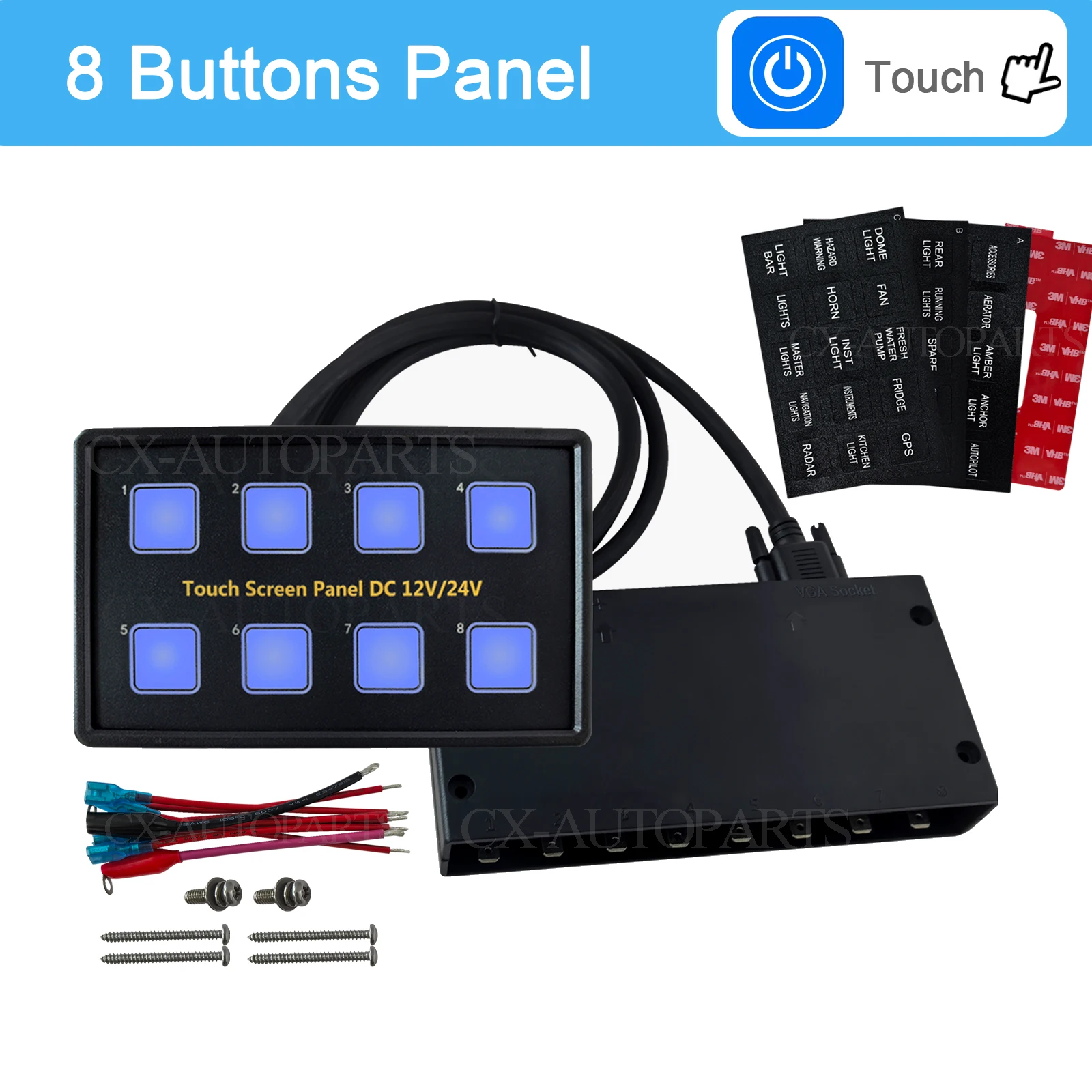 8 Gang Switch Panel 12V 24V Blue LED Capacitive Touch Screen Switch Box ON OFF Button for Truck Jeep RV Boat Marine Yacht