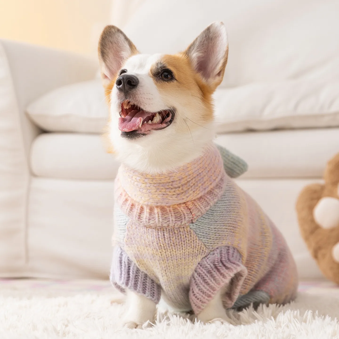 Corgi-Regenbogen-Strickpullover, warme Kleidung für Dackel, mittelgroßer Hund, Winter, verdickter Pullover, Strickwaren mit Schal