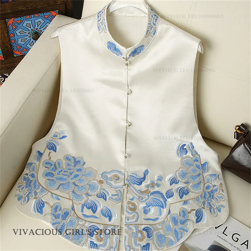 

Retro Mandarin Collar Women's Tang Clothes Vest Traditional Chinese Embroidery Qipao Tops Sexy Satin Sleeveless Jacket Waistcoat