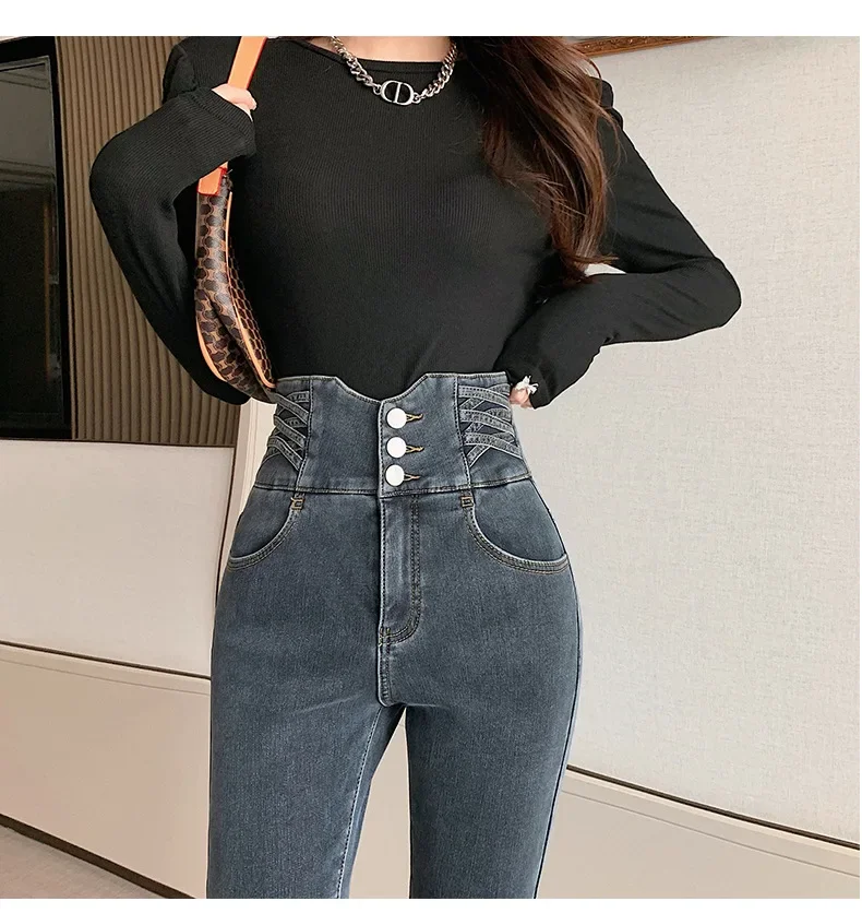 quality Skinny Pencil Jeans three Buttons Vintage High Waist Women Slim Stretch Denim Pants Tight Trousers Women's Pants