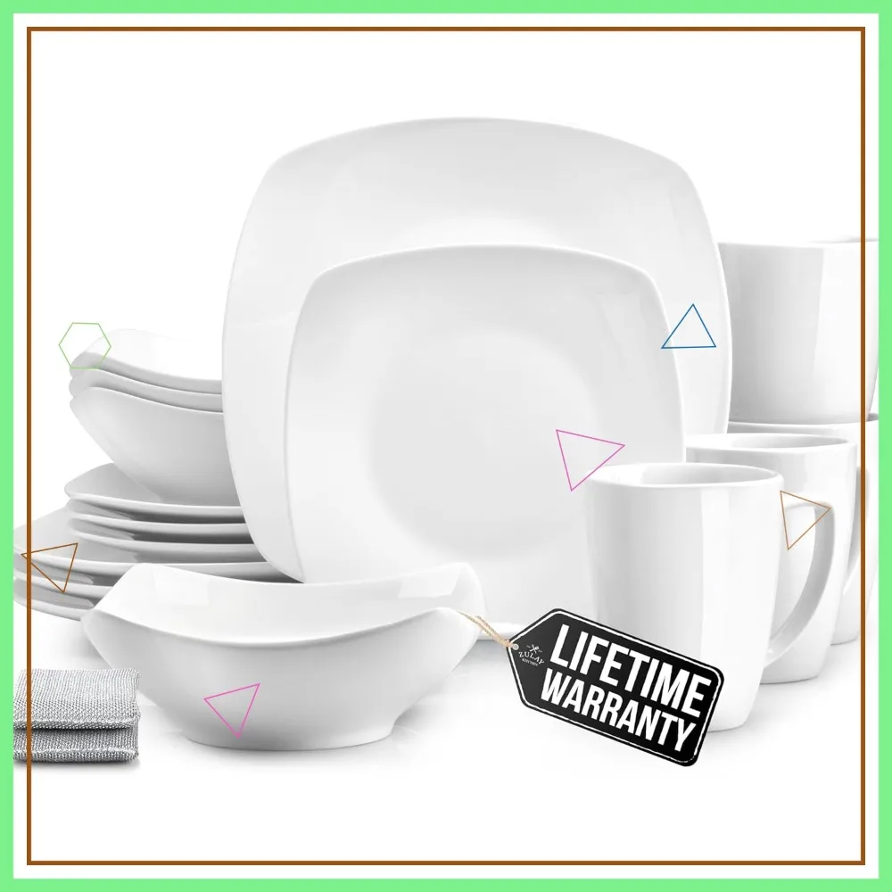 

16-Piece Modern Porcelain Dish Set for 4, Chip-Resistant Square Dinnerware, Microwave & Dishwasher Safe in Pearl White
