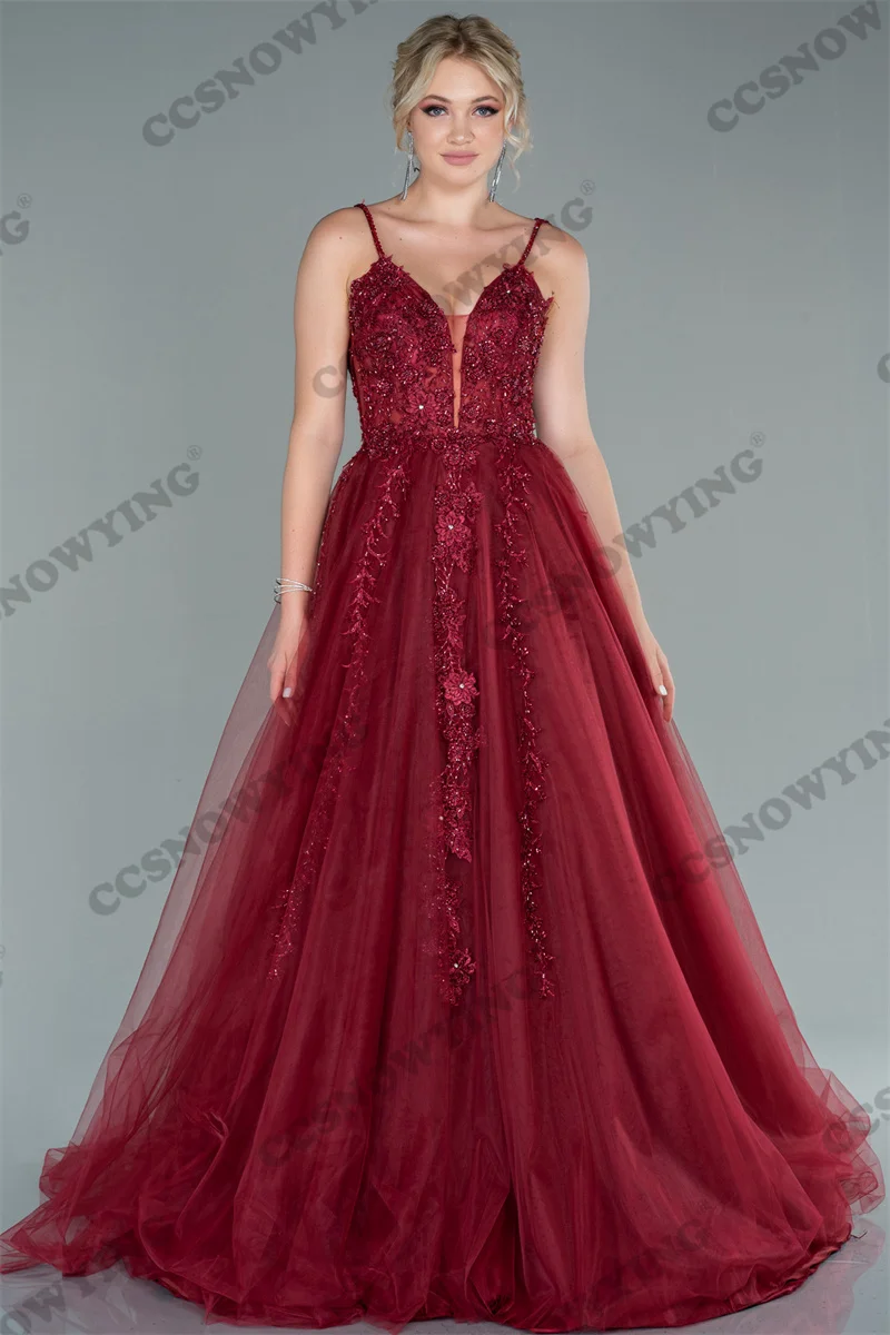 

Burgundy Spaghetti Strap Evening Dresses V Neck Formal Party Gowns Organza Appliques Women Arabic Robe De Soiree