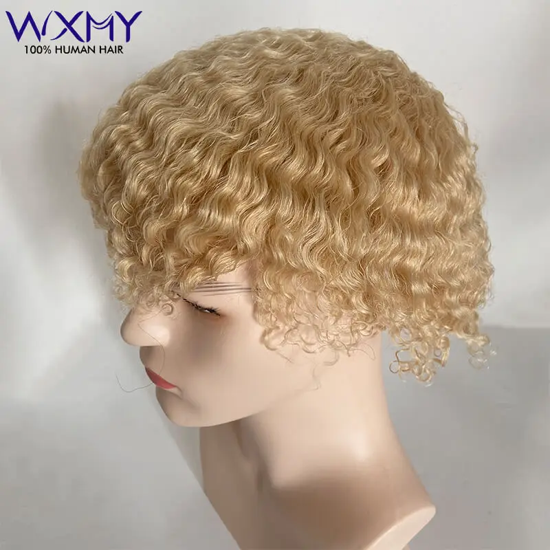 Full Lace Men's Wig Male Hair Prosthesis Afro Curly Human Hair Male Wig Protesis Capilar Hombre Blonde 613 Curly Hair Systems