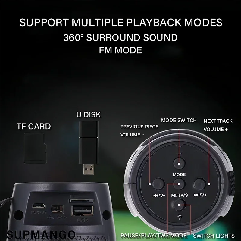 Altoparlante wireless con luci colorate Bluetooth RGB con luce LED Stereo esterno portatile Supporta l'espansione del disco TF e U