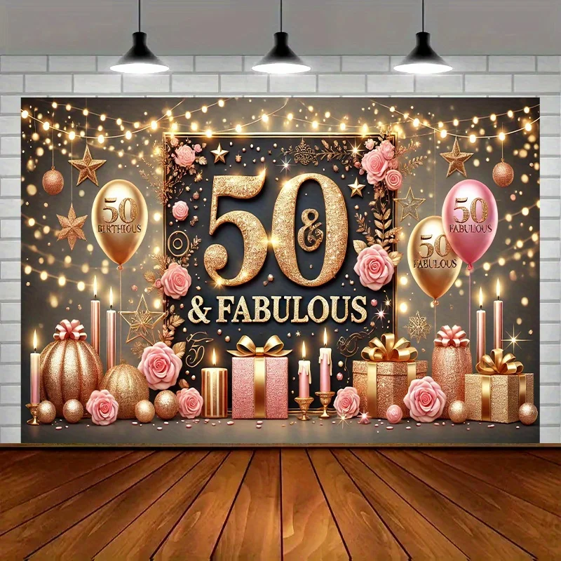 Ein Polyester-Banner zum 50. Geburtstag – eleganter und luxuriöser Hintergrund, verziert mit goldenem und rosafarbenem Polyesterstoff