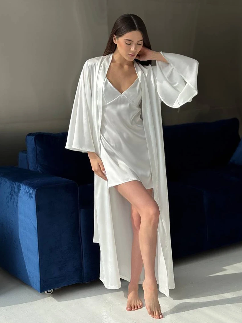 Marthaqiqi Casual Female Sleepwear Suit Long Sleeve Robe V-Neck Pajamas Spaghetti Strap Nightgowns Mini Dress White Home Clothes