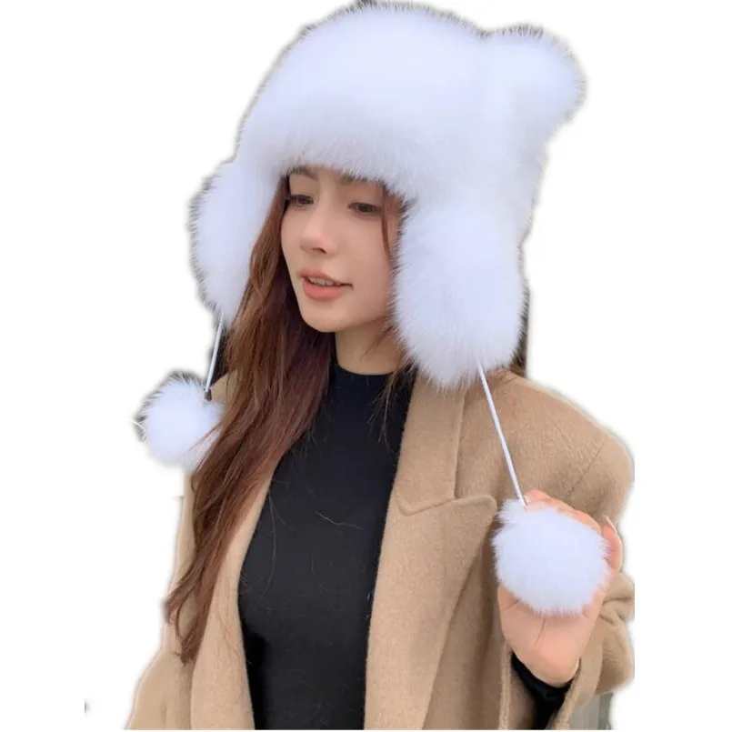 

New Russia Winter Real Fox Fur Hat Women Fluffy Outdoor Windproof Super Warm Bomber hat with Earflap Soft Caps with Pompom