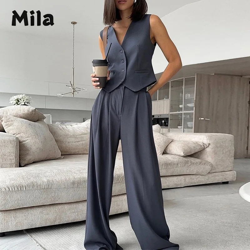 

V-neck Sleeveless Vest Drape Wide Leg Trousers Casual Suit Pants Pant Sets for Women 2 Pieces Elegant Women's Sets Suits