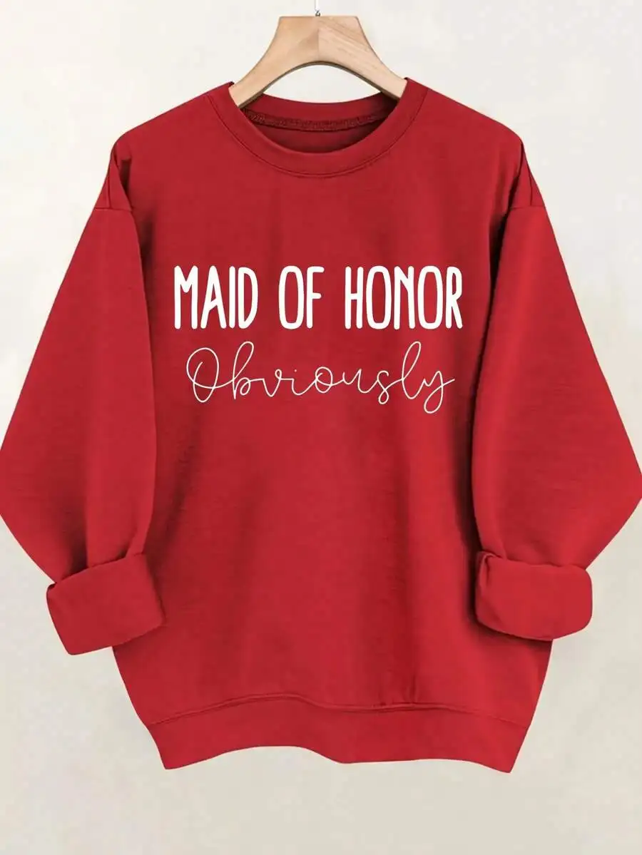 Sudadera informal de cuello redondo en color beige claro para mujer, con estampado temático de dama de honor, ajuste cómodo y relajado para despedida de soltera, despedida de solteras y para estar en casa.