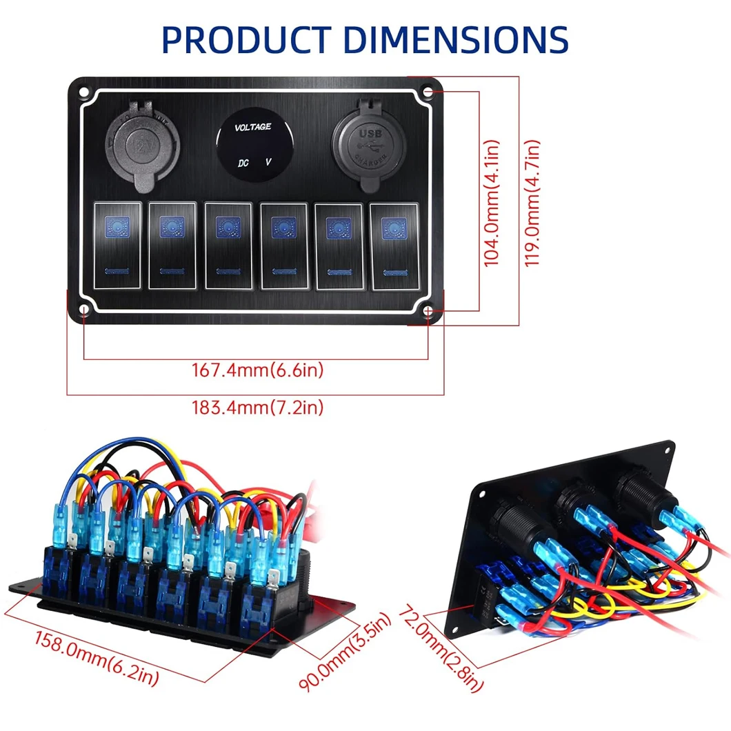 ABILKEEN 6Gang Automotive Switch Panel Dual LED Rocker Switch+Car Cigarette Lighter+Digital Voltmeter+Dual Socke USB Car Charger