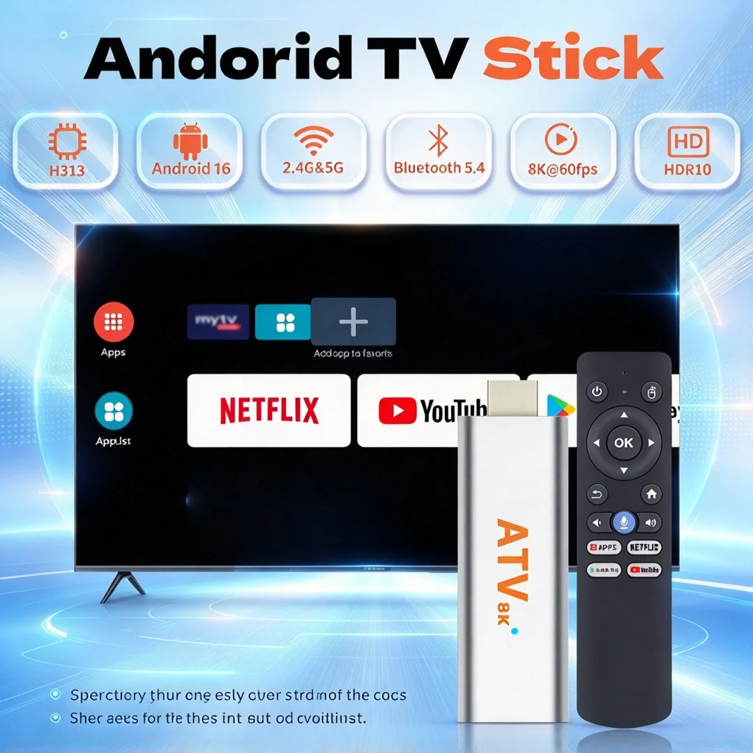 Android 16 Smart TV Stick Support 4K Playback 8K Video Decode Dual Wifi BT5.4 Voice Assistant Media Player Allwinner H313 TV BOX
