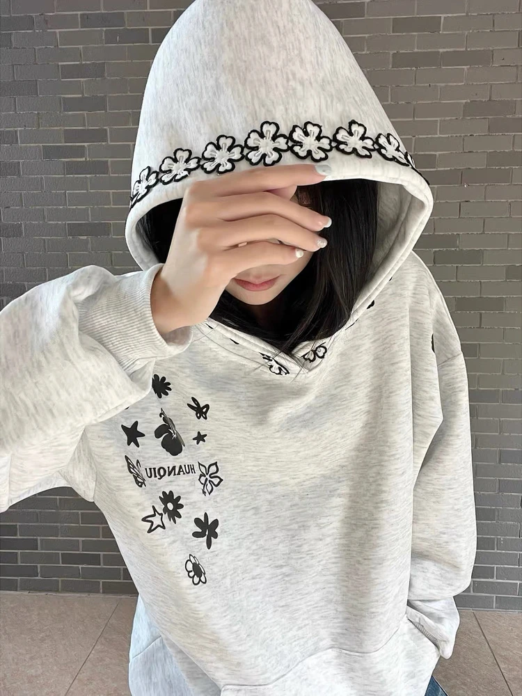 

Retro American Embroidered Hooded Sweatirt Women's Autumn Winter Thiened Loose Street Sle Couples Outerwear
