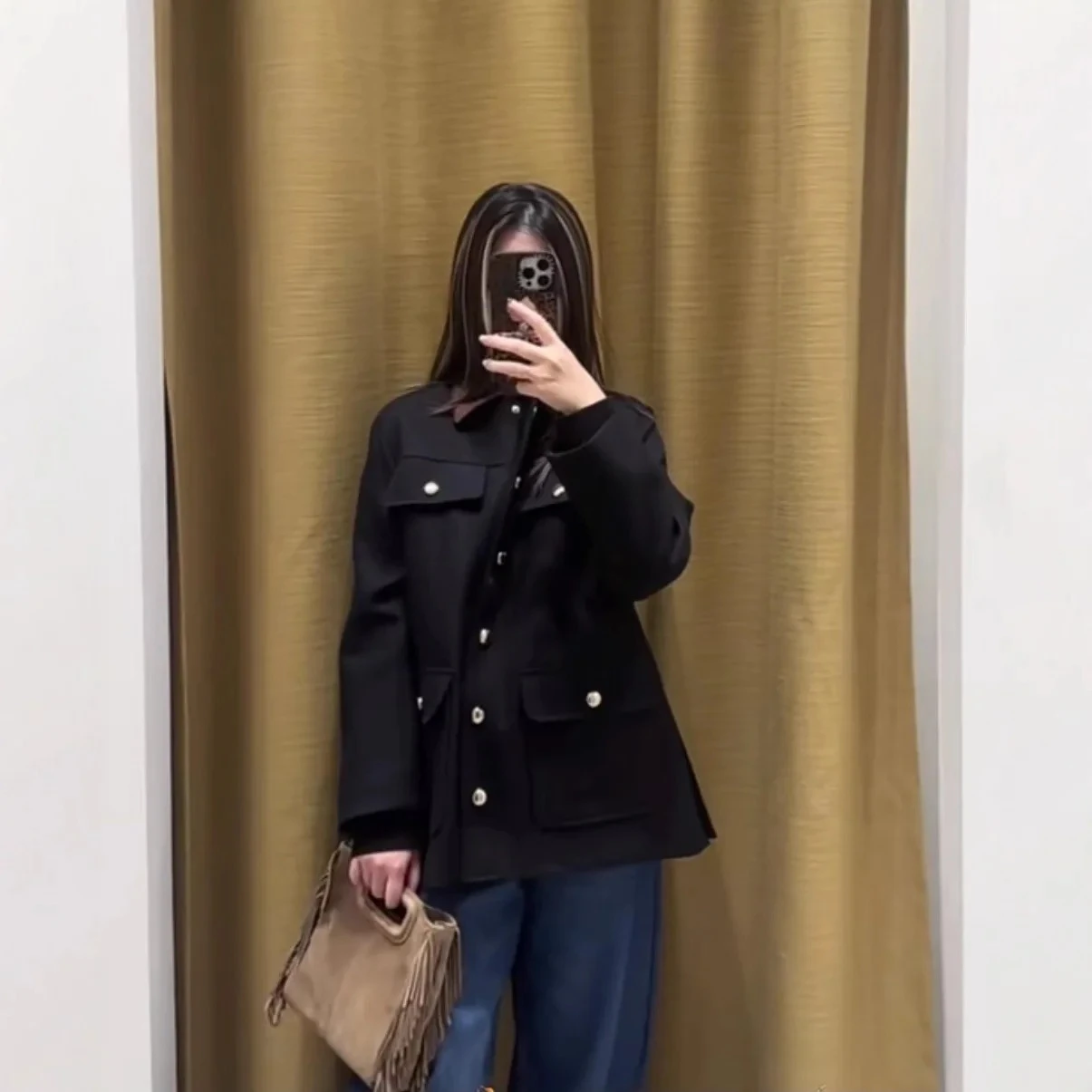 

Women's black waist coat single breasted contrast color drawstring waist jacket