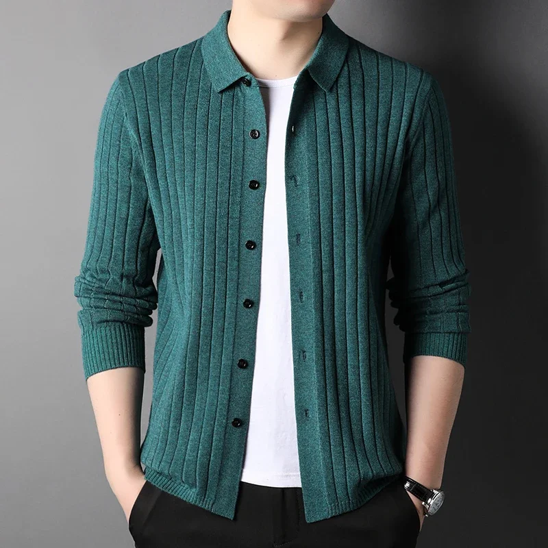 

2024Spring New Fashion Casual Lapel Knitted Sweater Cardigan Men Korean Pure Color Slim Social Office Club Long-sleeved Cardigan