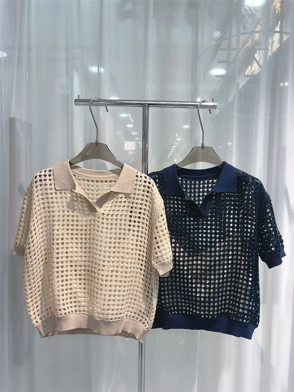 

Sequin Open-Knit Short-Sleeve Polo Shirt Includes Inner Lining