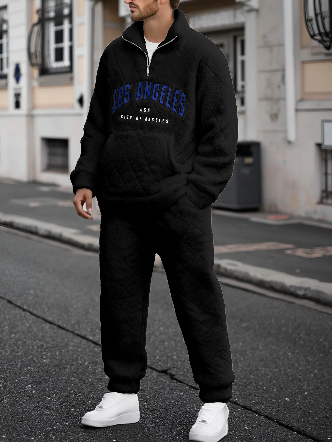 

Men's Black Los Angeles Letter Print Half Zip Fleece Hoodie + Drawstring Sweatpants Set Fleece Lined Casual 2 Piece Outfit