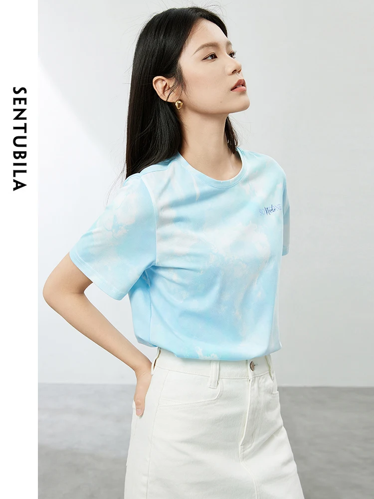 SENTUBILA Summer Tie Dye Letter Printed Cotton T-shirt Woman 2024 New Round Neck Loose Straight Short Sleeve Tops 142T54114