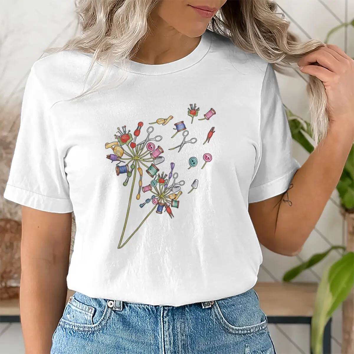 Funny Dandelion Quilting Shirts Women Flower Quilting Gift Fashion Casual Tops Funny Sewing Short-sleeve Crewneck T-shirt