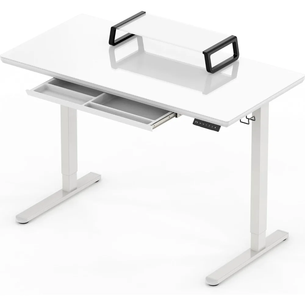 

48-Inch | Whole-Piece Glass Electric Height Adjustable Desk | Monitor Riser and Drawer Included