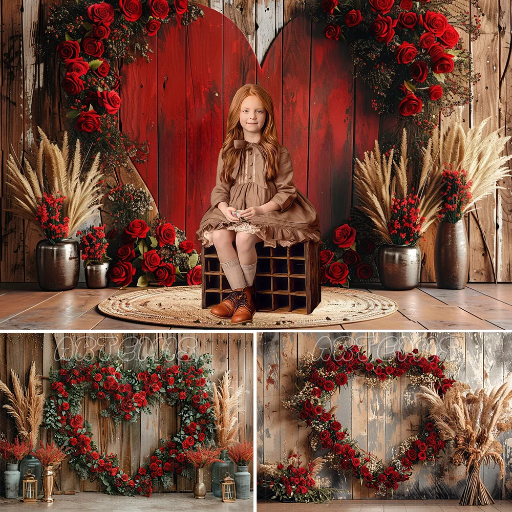 Valentine's Day Backdrop Heart-shaped Wooden Roses Romantic Wedding Photography Studio Gold Pampas Grass Garland Boho Style