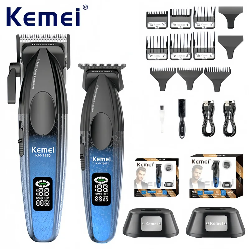 

Kemei KM-1669 KM-1670 Professional Cordless Hair Clipper – Salon-Grade Hair Trimmer with HD Cool Light LCD Screen, Styling Kit