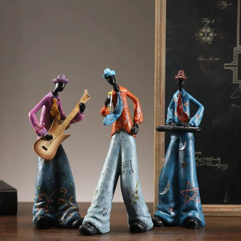 Retro Band Figurine Ornaments, Vintage Bookshelf Wine Cabinet Decor, Electronic Piano Saxophone Display for Home Living Room