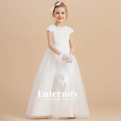 Ball-Gown Girls Dresses Beautiful Bridesmaid Kids Short Sleeve Satin Tulle Beading Scoop Neck Princess Boho Wedding Dresses