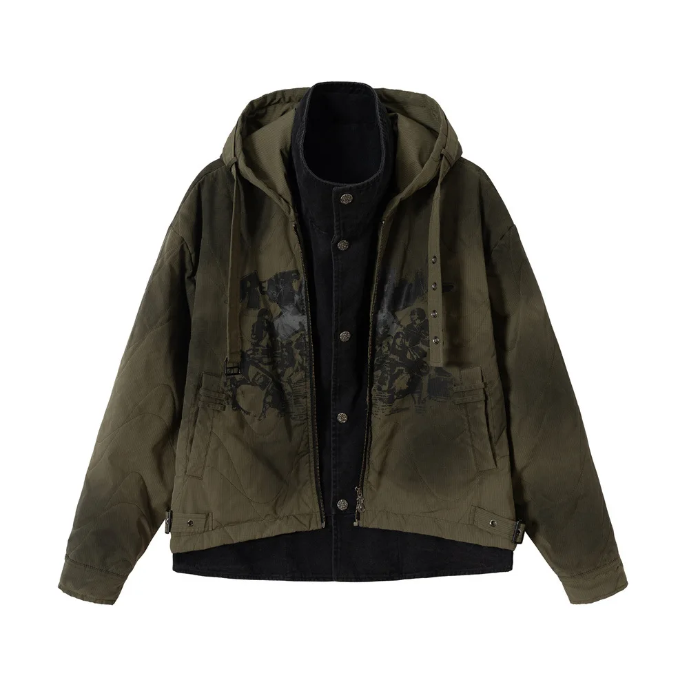 

American Street Fashion For Man Padded Hooded Old Dirty Fake Two Pieces Loose New Style Coat