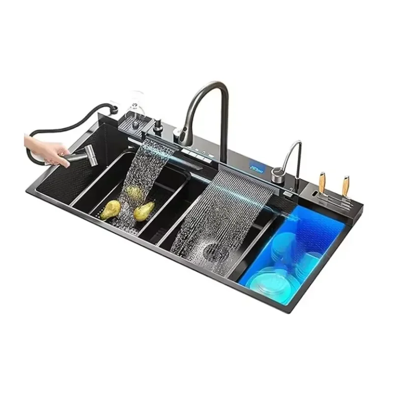 Smart Digital Display Kitchen Sink for Nano Surface with Triple Waterfall Outlet Knife Rack Phone Holder Bidet Sprayer