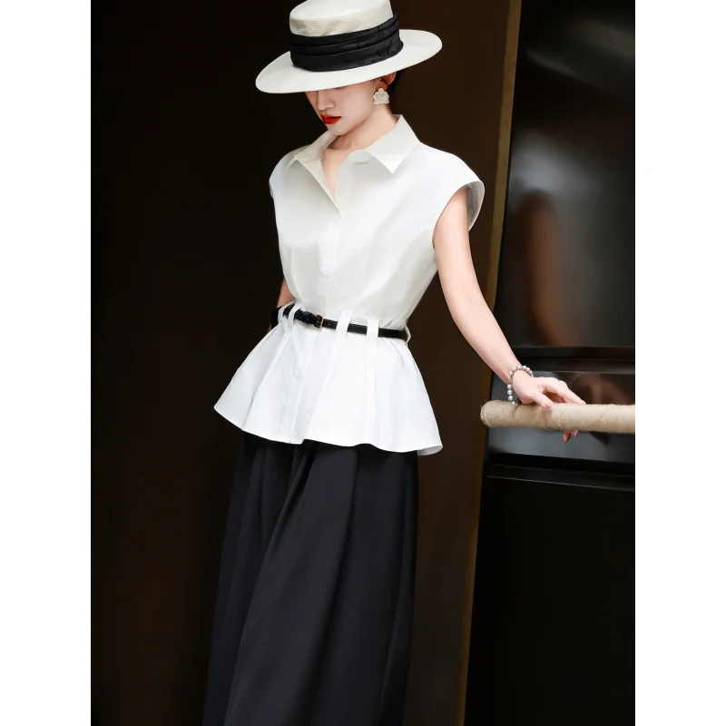 MEXCOCO 2026 Summer New Office Sleeveless Shirt Collared Lyocell Blouse Belted Peplum Waist Slim Elegant Commuter Top