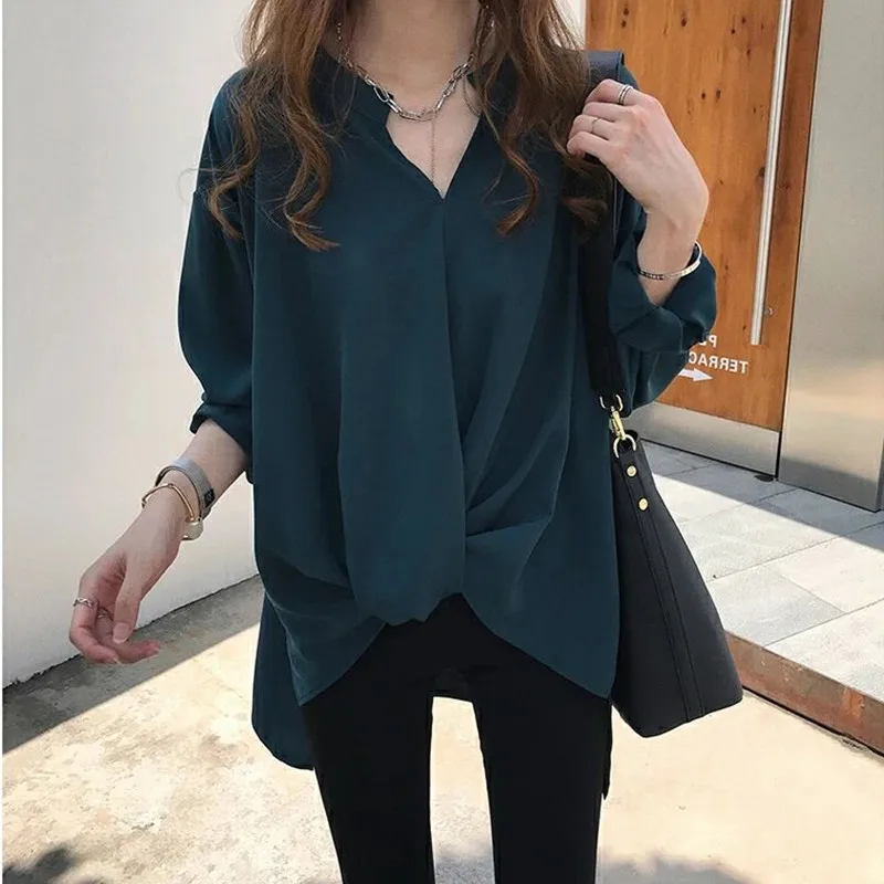 2025 Spring and Autumn New Mid-Length Slim Chiffon Shirt Women Long Sleeve V-neck Solid Color Pullover Top