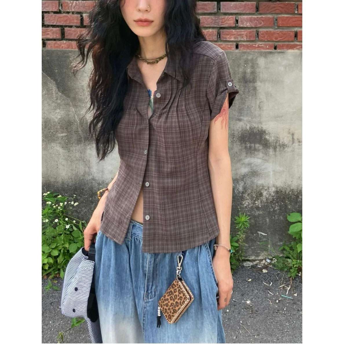

Retro Plaid Slim Fit Casual Soft Collar ort Sve irt Top Women's Faion Summer Sun Protection Clothing Chinese Origin