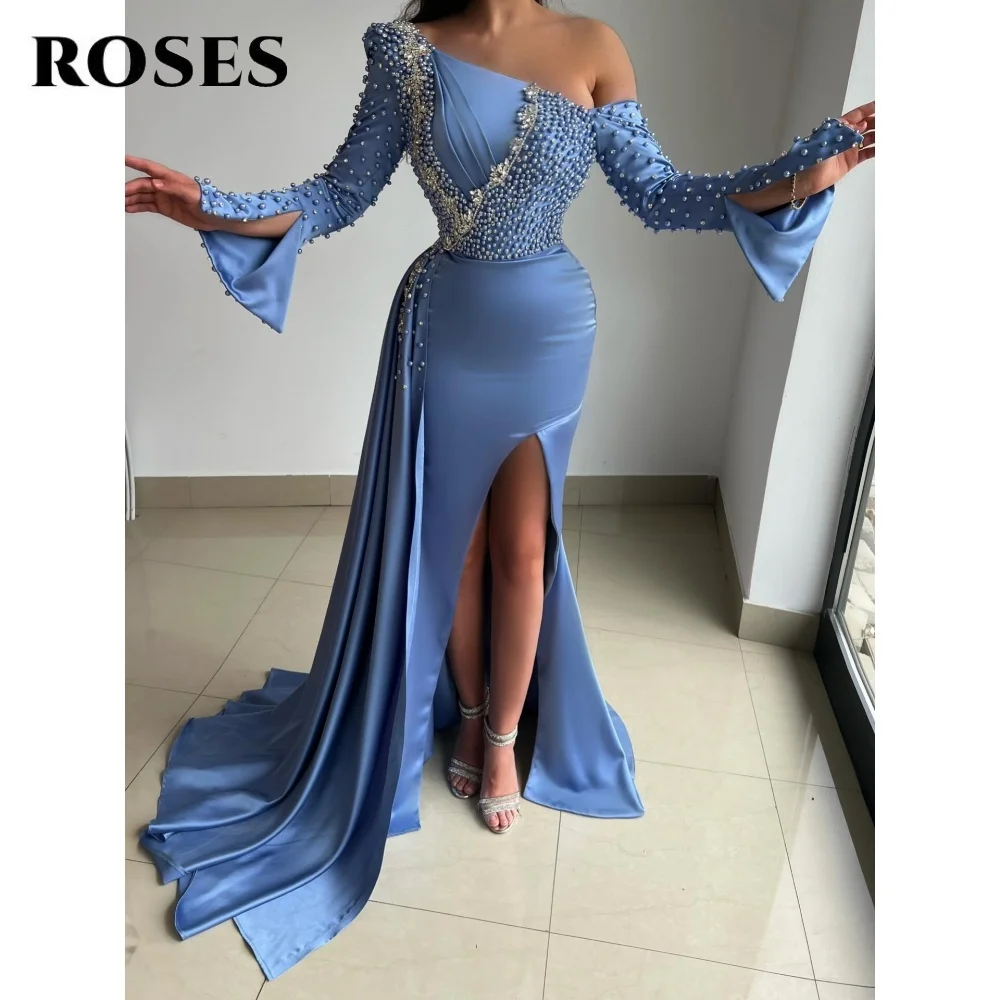 

ROSES Blue Stain Prom Dresses with Beadings Off the Shoulder Evening Dress Trumpet Split Pleats Satin Formal Dresses Customized
