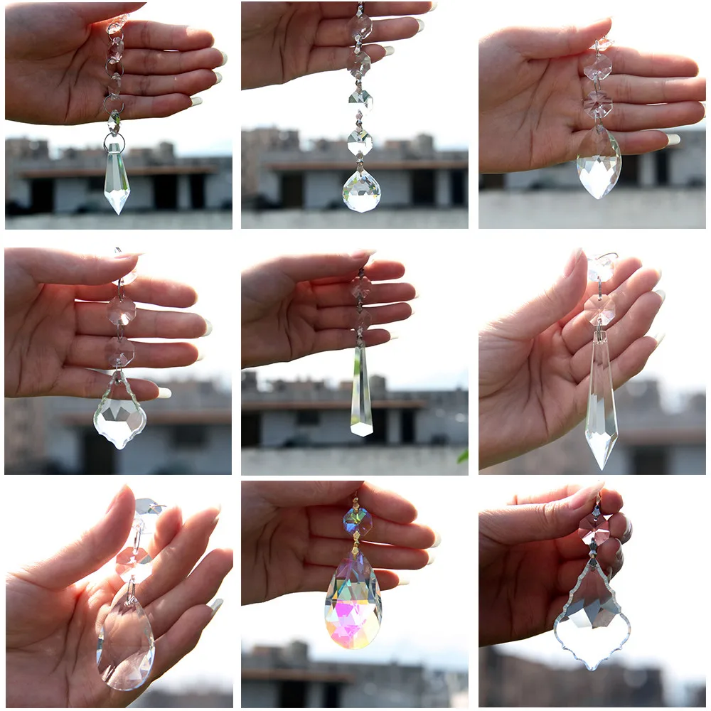 Crystal Glass Prism Pendant  With Octagon Beads Butterfly Clasp Rings For DIY Suncatcher Lighting Lamp Parts Wedding Home Decor