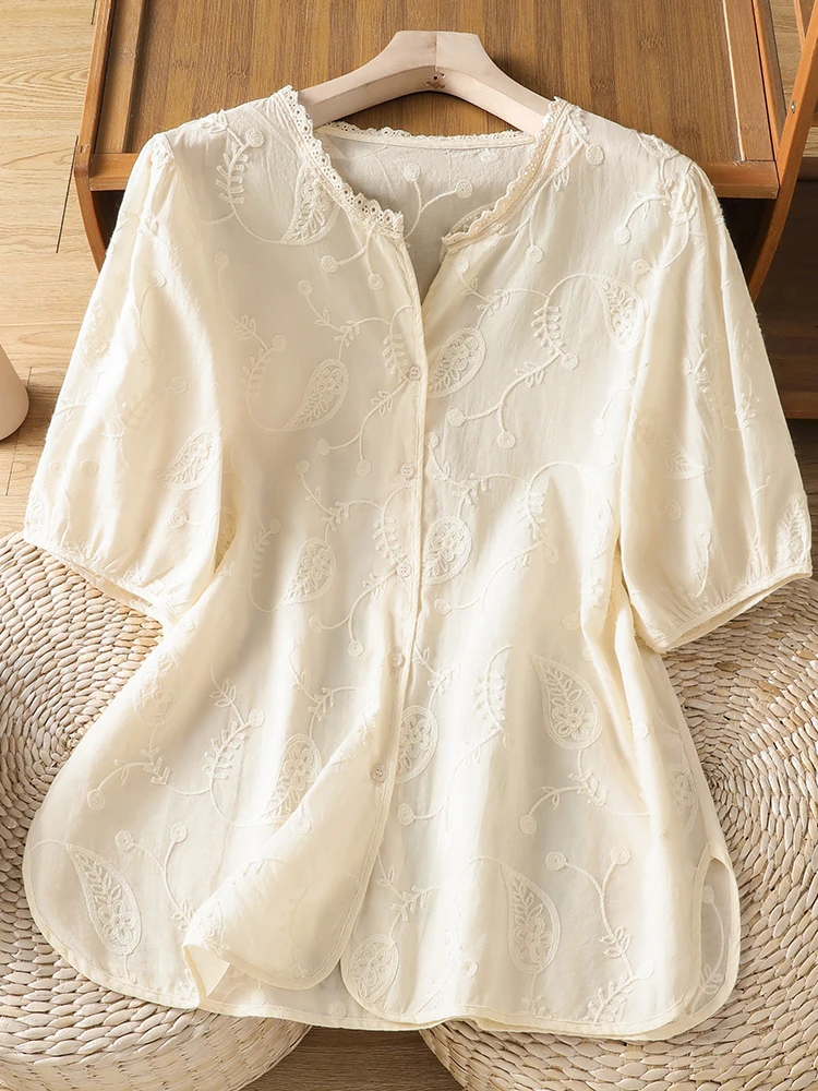 

Loose Casual Short Sleeve Embroidered Collar Bubble Sleeve Shirt plus Size Comfortable Breathable Women's Summer Top