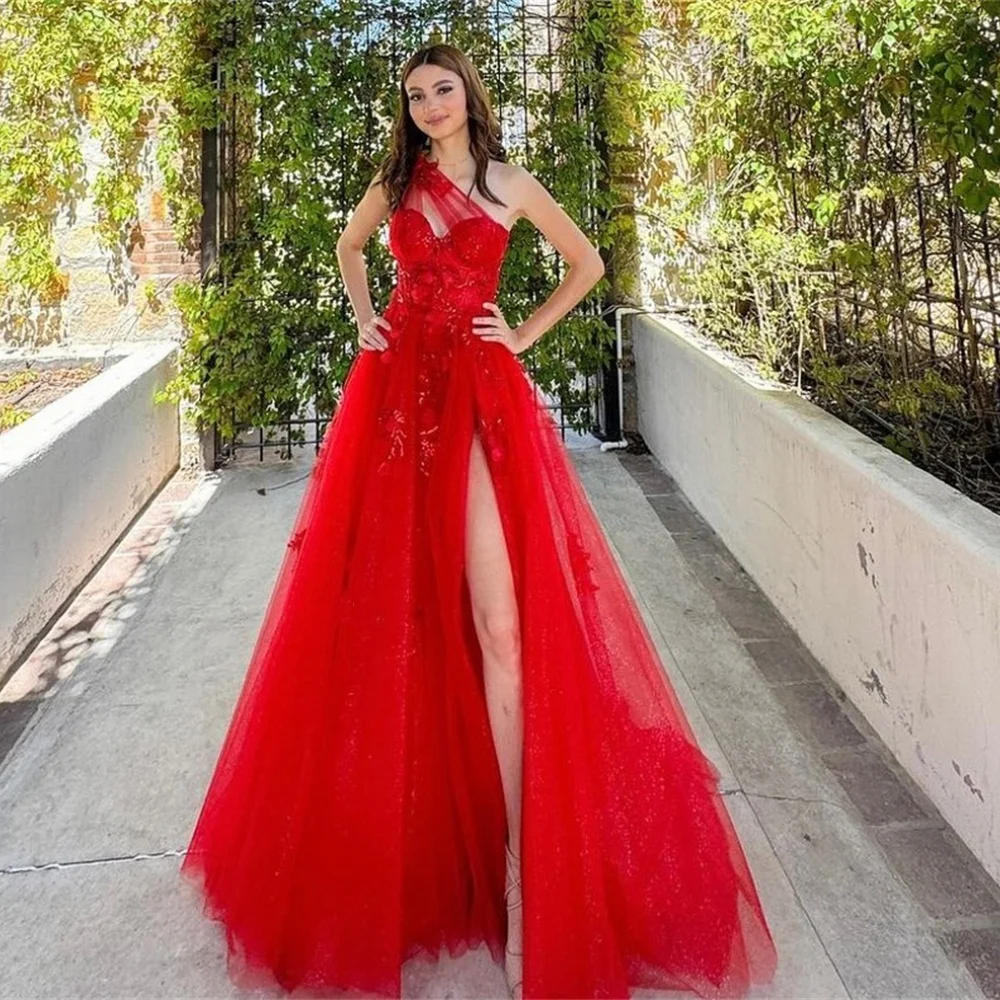 

Customized Evening Saudi Arabia Tulle Applique Beading Ruched Celebrity A-line One-shoulder Bespoke Occasion Gown Long Dresses