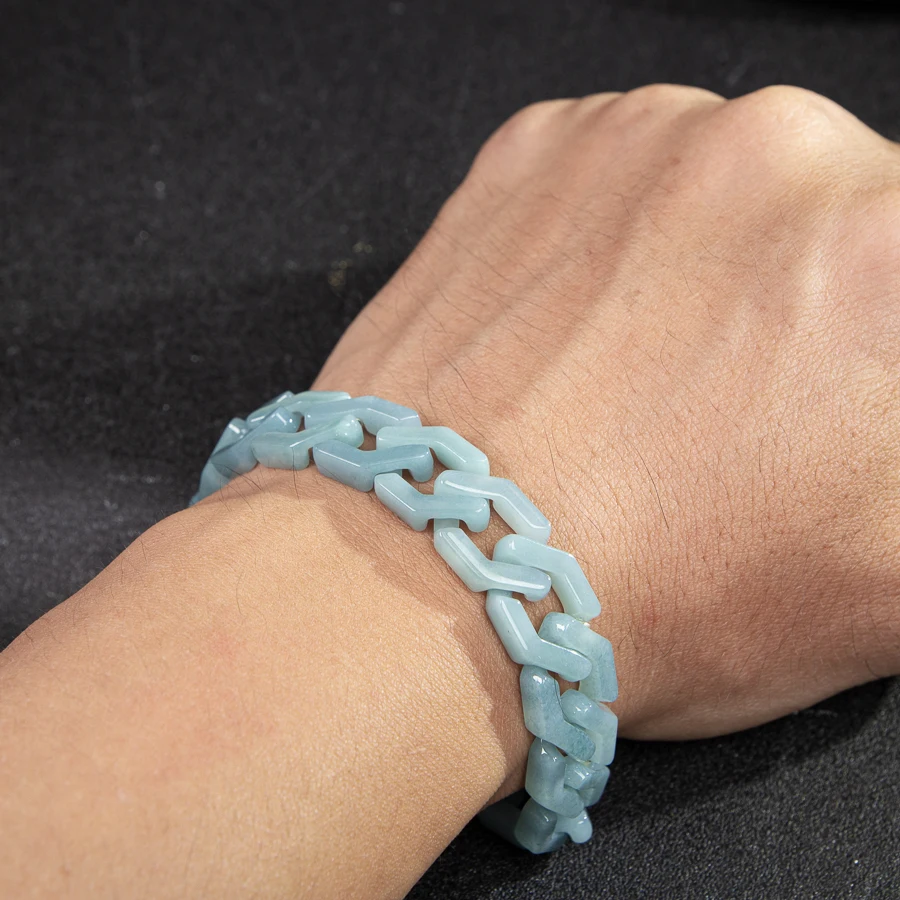 

TIMESWIND Natural A-type Blue Jade Long Rhombus Cuban Chain Men Titanium Steel Bracelet with Certificate