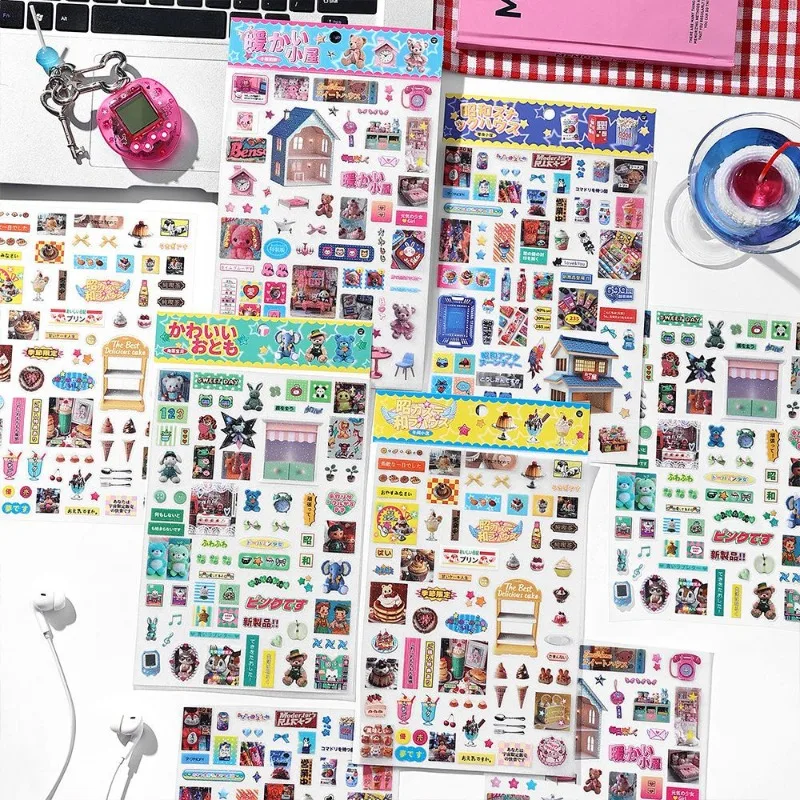 

1 Sheet Glitter Scrapbook Journaling Sticker Retro Y2K Cartoon Cake Dessert Stationery Sticker DIY Decor Kawaii Sticker Kid Gift
