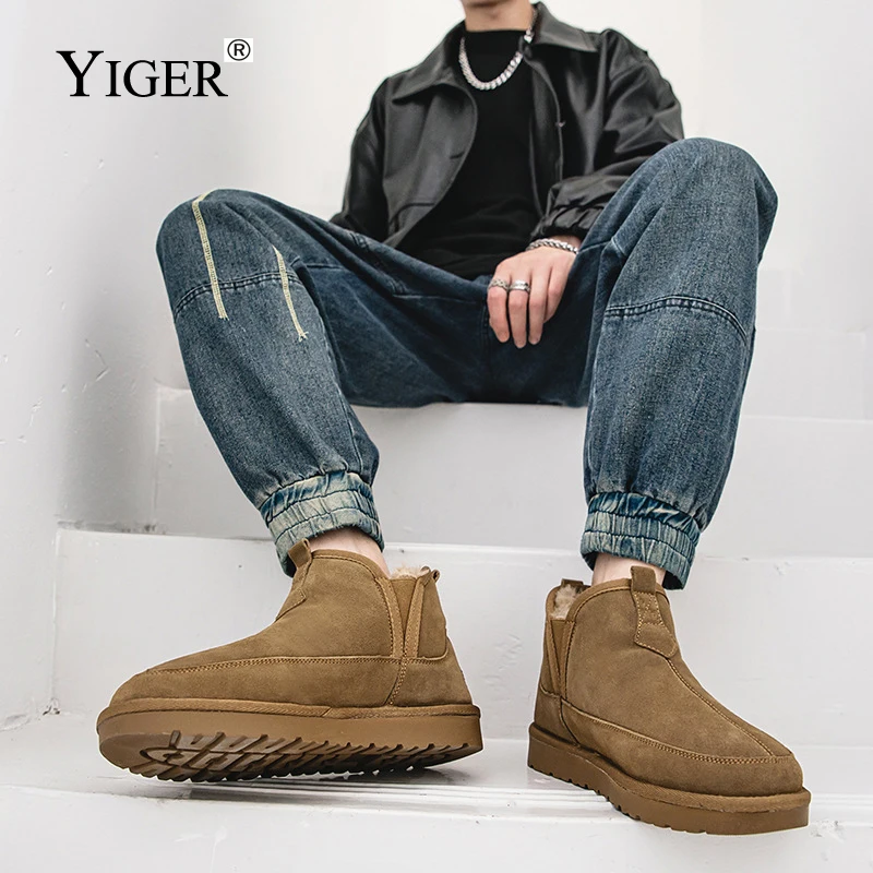 YIGER Men\'s Snow Boots Outdoor Winter Warm Fur Chelsea Boots Man Ankle Boots Basic Cotton shoes Trendy fashion high top shoes