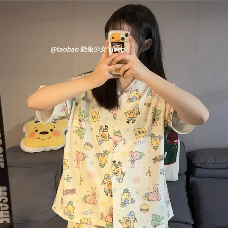 SpongeBob Patrick Star Pajama Set Short Sleeves Shorts Sleepwear Cartoon Anime Shirt Tops Summer Lady Casual Cute Homewear Gift