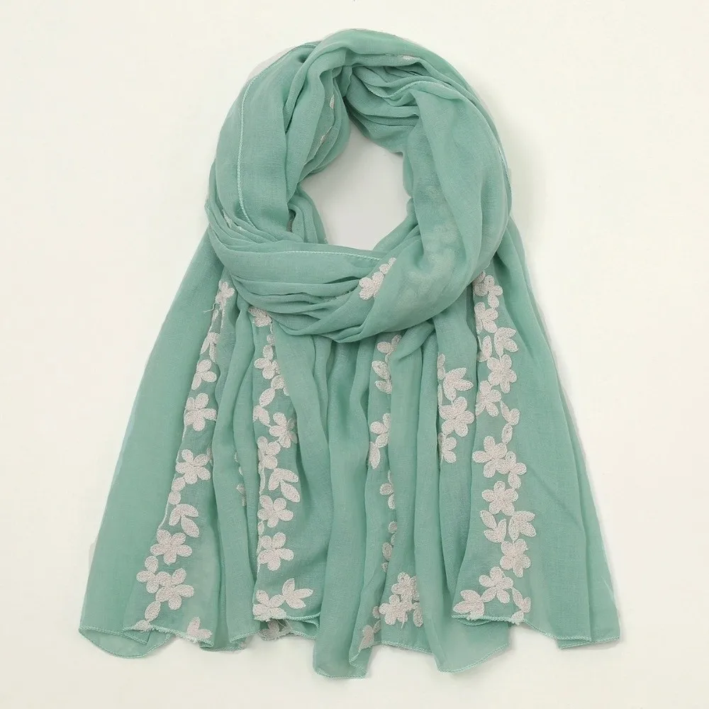 Floral Pattern Embroidered Hijab Soft Edged Lightweight Thin Fabric Shawl Breathable Gentle Ethnic Long Foulard Summer Season