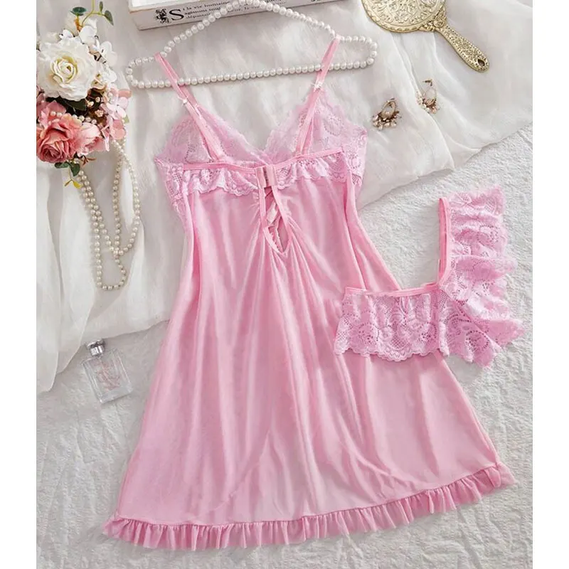 A Set Pink Cute Women Sweet Nightdress And Panty Pijamas Suit Sleeveless Halter Nightgown Short Sets V-Neck Bra Thong Luxury Kit