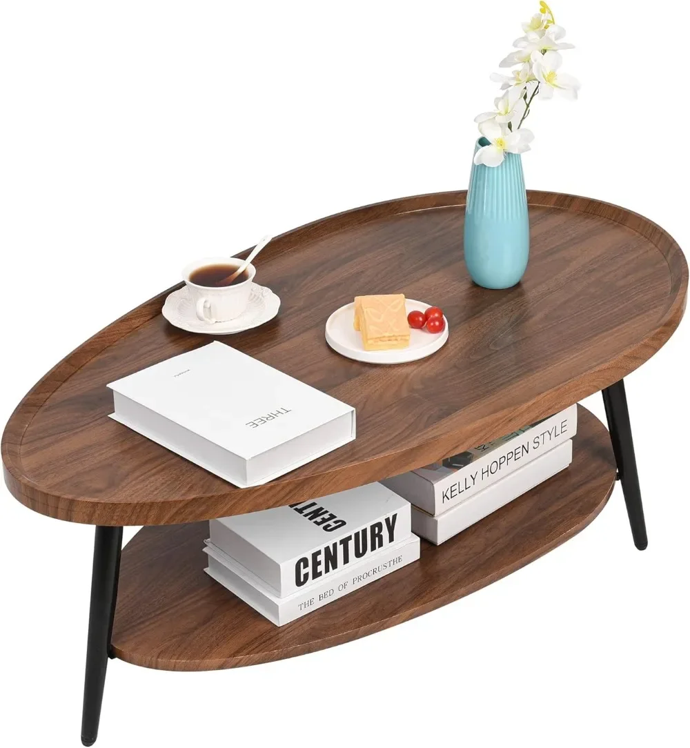 

2-Tier Coffee Table Water-Shaped Wood Center Mid Century Oval Coffee Table Rustic Farmhouse Coffee for Living Room