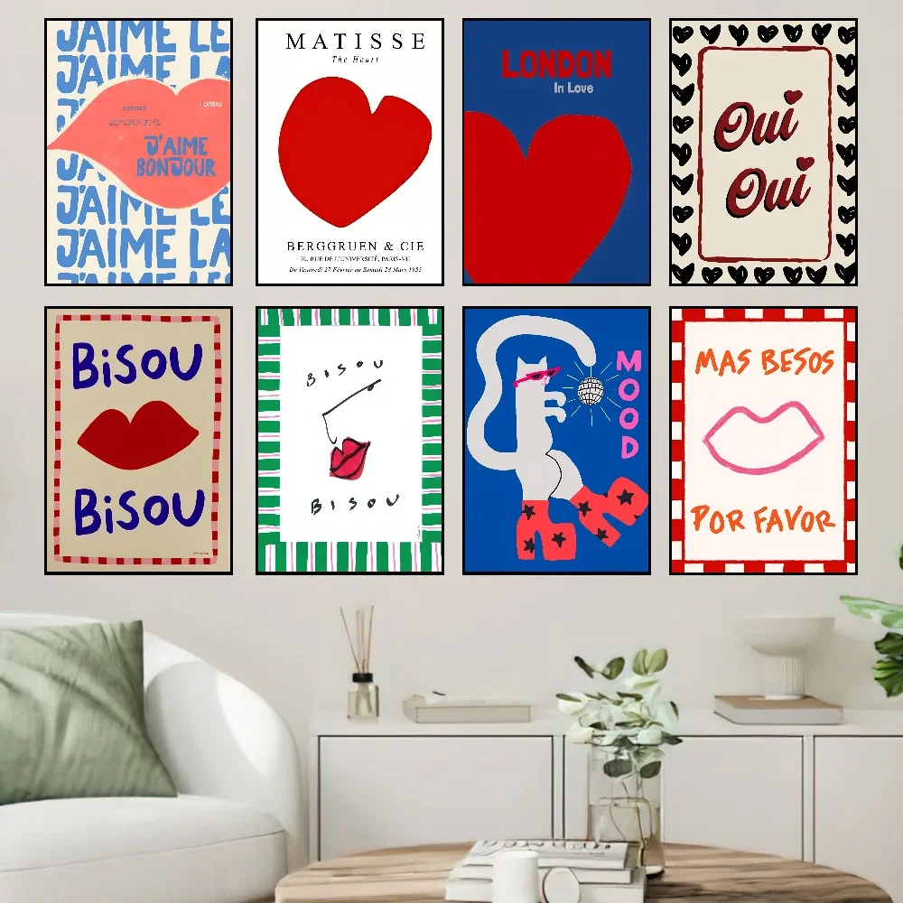 1 STÜCK Maximalistische, eklektische, rosa französische Zitate, Bisou, Bisou, Bonjour, Bonne, Nuit, Wandkunst, Poster, selbstklebende Kunst, wasserfestes Papier