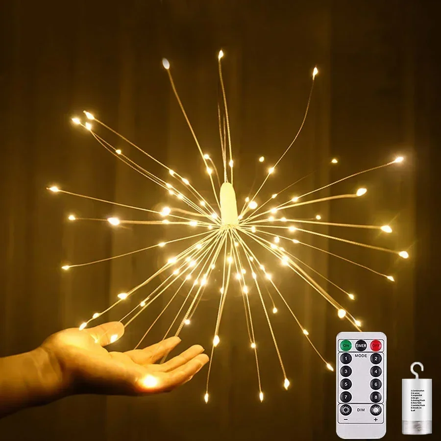 1pc luzes de fogos de artifício fio de cobre luz de fadas ao ar livre natal starburst luz com controle remoto à prova dwaterproof água pendurado luz de fogos de artifício